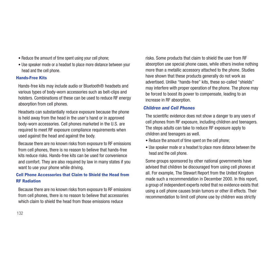 Hands-free kits, Children and cell phones | Samsung SCH-R915ZKACRI User Manual | Page 136 / 165