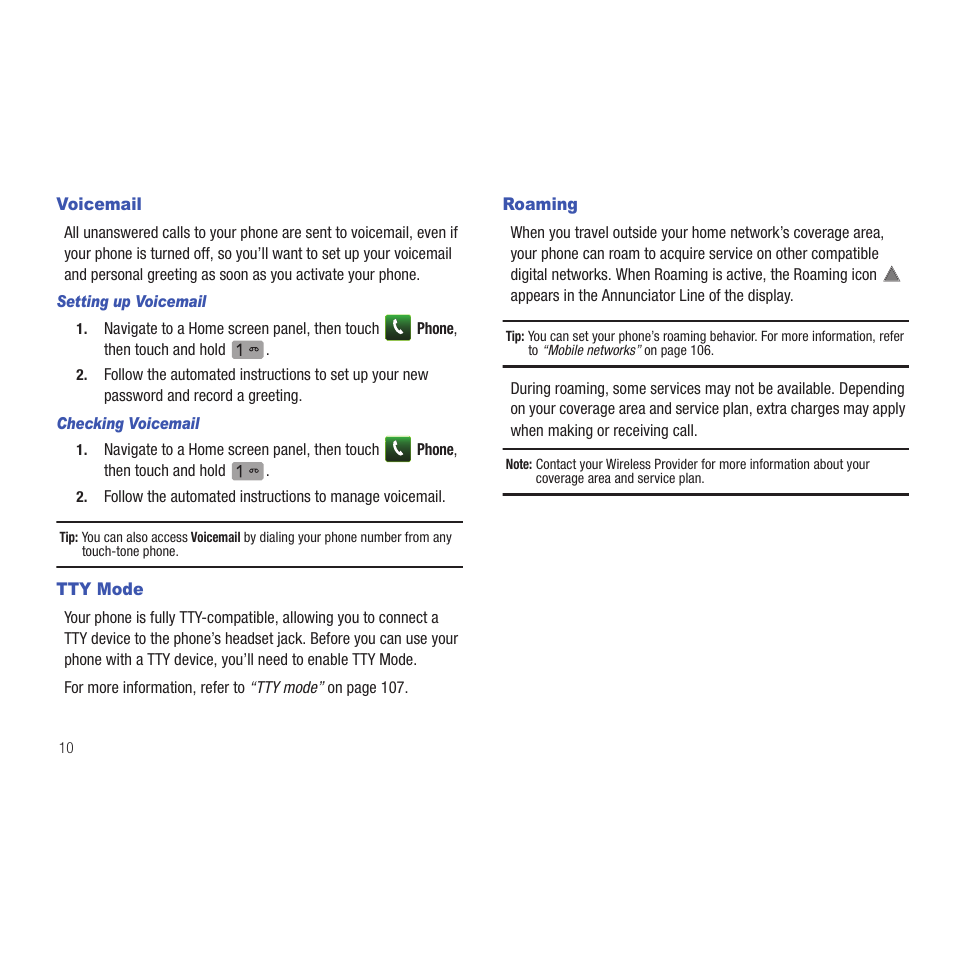 Voicemail, Setting up voicemail, Checking voicemail | Tty mode, Roaming, Voicemail tty mode roaming | Samsung SCH-R915ZKACRI User Manual | Page 14 / 165