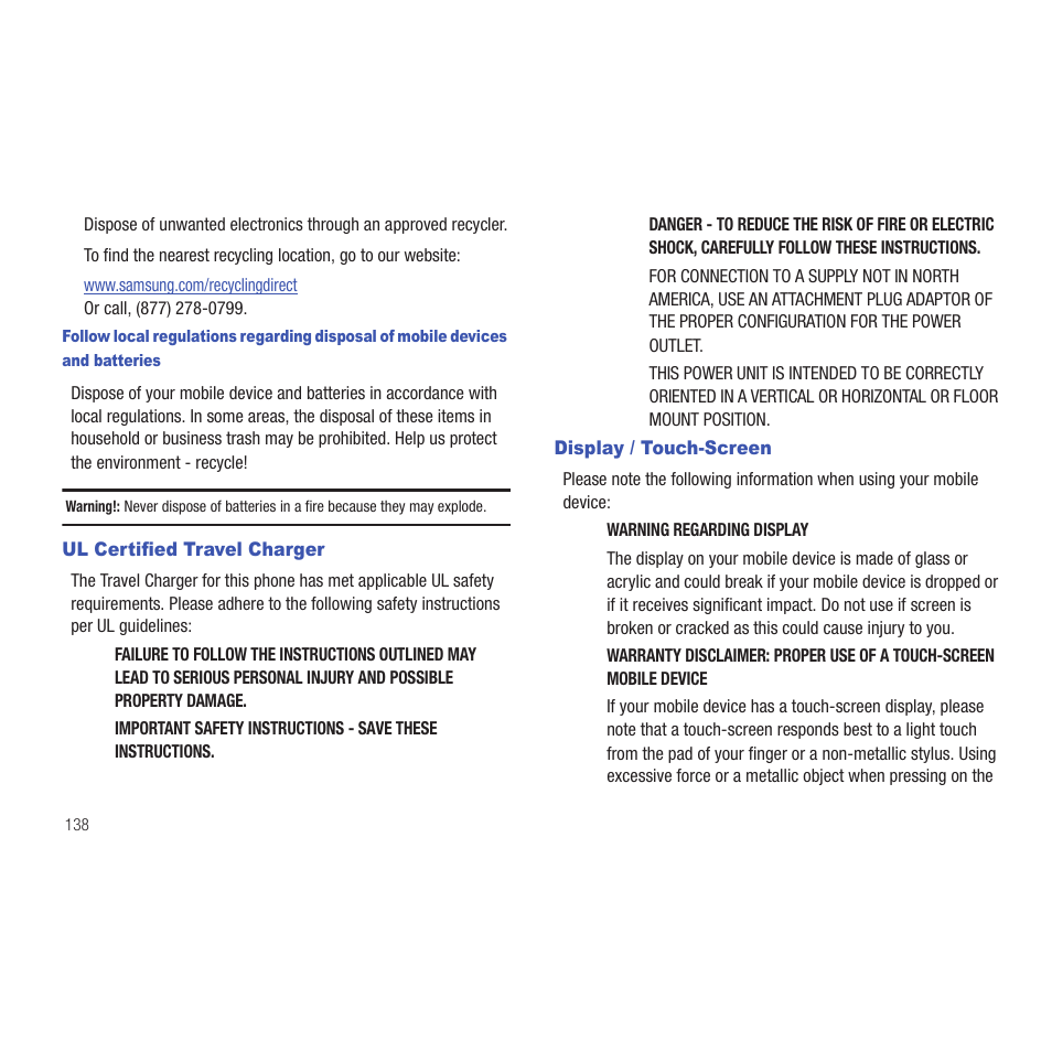 Ul certified travel charger, Display / touch-screen, Ul certified travel charger display / touch-screen | Samsung SCH-R915ZKACRI User Manual | Page 142 / 165