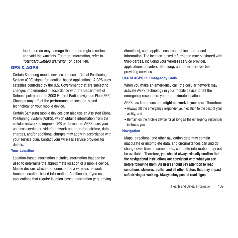 Gps & agps, Your location, Use of agps in emergency calls | Navigation | Samsung SCH-R915ZKACRI User Manual | Page 143 / 165