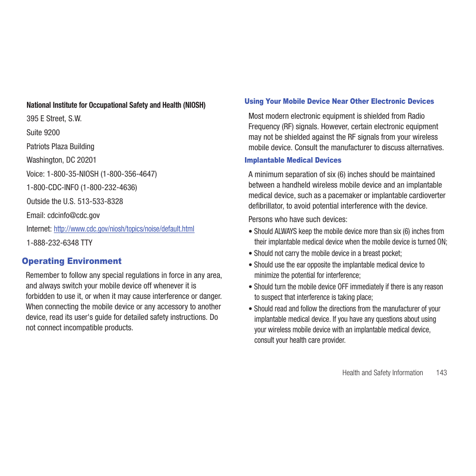 Operating environment, Implantable medical devices | Samsung SCH-R915ZKACRI User Manual | Page 147 / 165