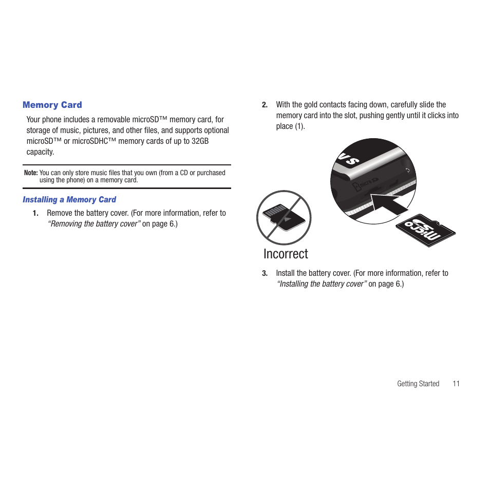 Memory card, Installing a memory card, Incorrect | Samsung SCH-R915ZKACRI User Manual | Page 15 / 165