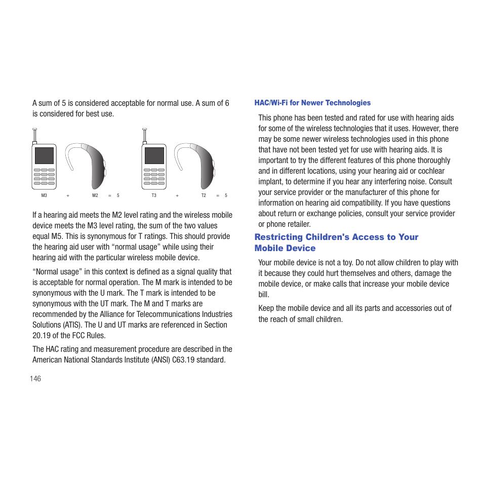 Hac/wi-fi for newer technologies, Restricting children's access to your, Mobile device | Samsung SCH-R915ZKACRI User Manual | Page 150 / 165