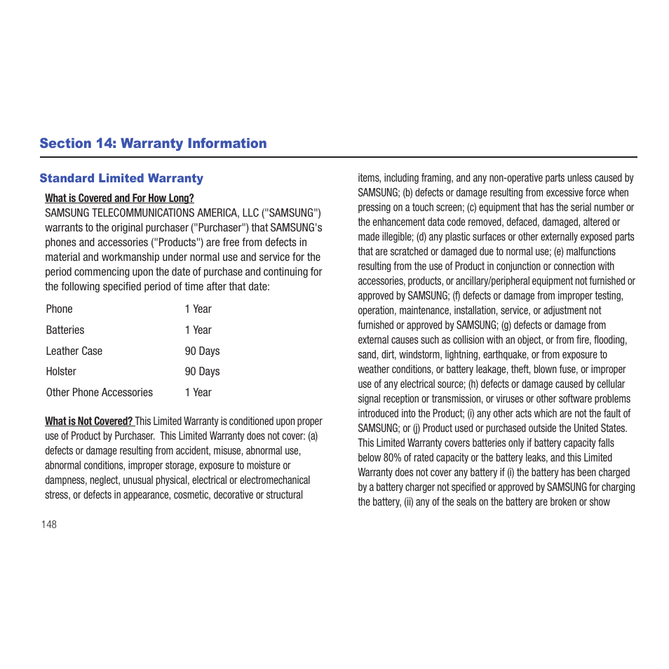 Section 14: warranty information, Standard limited warranty | Samsung SCH-R915ZKACRI User Manual | Page 152 / 165