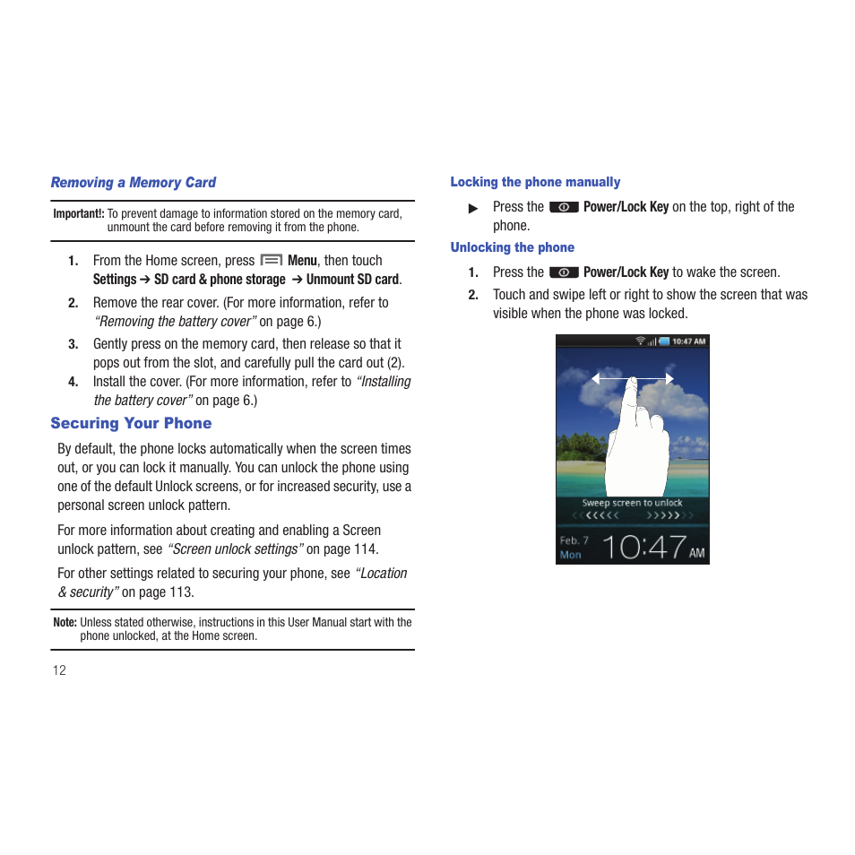Removing a memory card, Securing your phone, Locking the phone manually | Unlocking the phone | Samsung SCH-R915ZKACRI User Manual | Page 16 / 165
