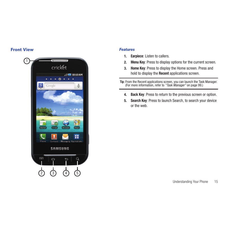 Front view, Features | Samsung SCH-R915ZKACRI User Manual | Page 19 / 165