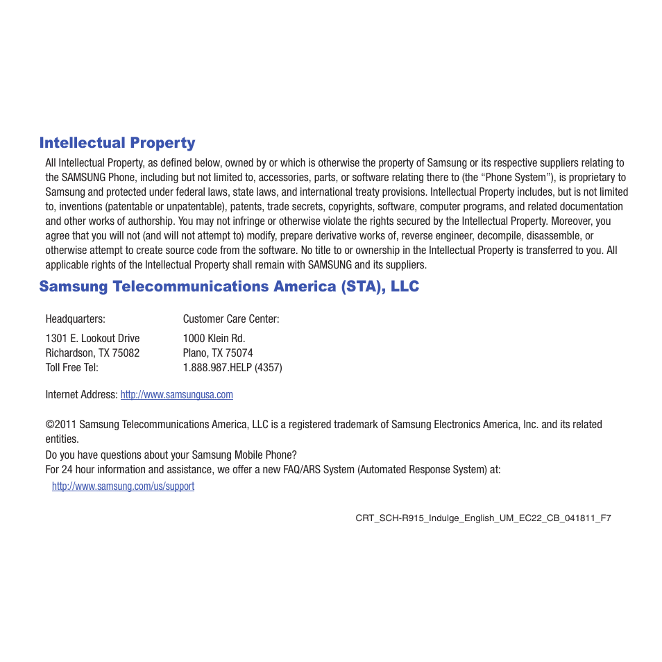 Intellectual property, Samsung telecommunications america (sta), llc | Samsung SCH-R915ZKACRI User Manual | Page 2 / 165