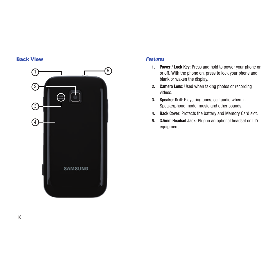 Back view, Features | Samsung SCH-R915ZKACRI User Manual | Page 22 / 165