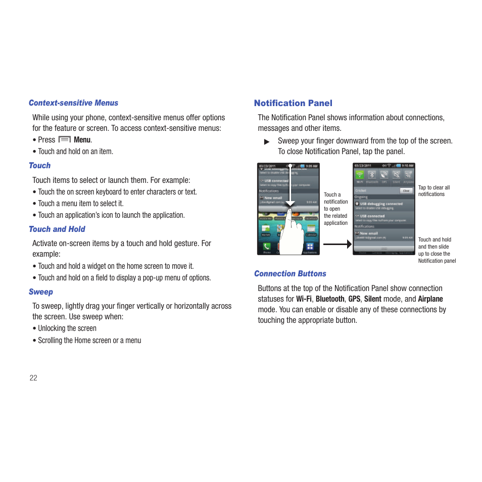 Context-sensitive menus, Touch, Touch and hold | Sweep, Notification panel, Connection buttons | Samsung SCH-R915ZKACRI User Manual | Page 26 / 165
