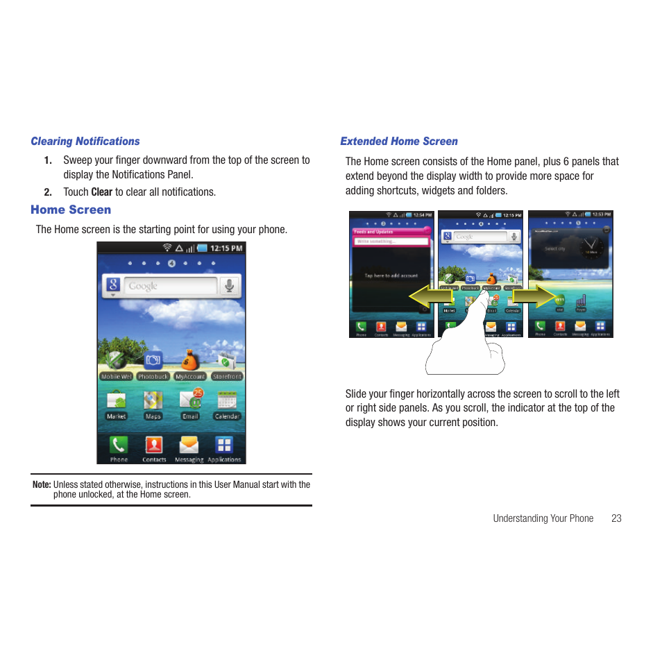 Clearing notifications, Home screen, Extended home screen | Samsung SCH-R915ZKACRI User Manual | Page 27 / 165