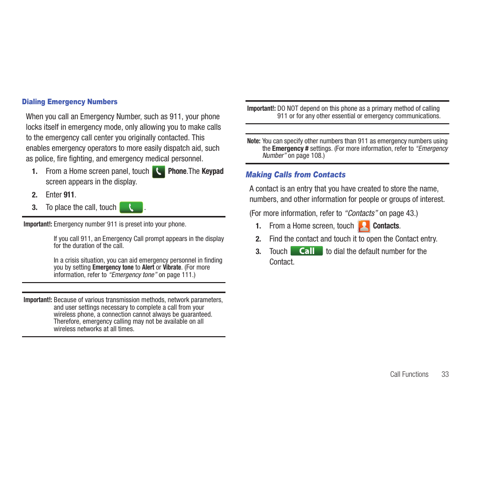 Dialing emergency numbers, Making calls from contacts | Samsung SCH-R915ZKACRI User Manual | Page 37 / 165