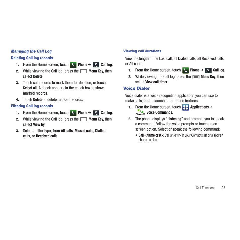 Managing the call log, Deleting call log records, Filtering call log records | Viewing call durations, Voice dialer | Samsung SCH-R915ZKACRI User Manual | Page 41 / 165