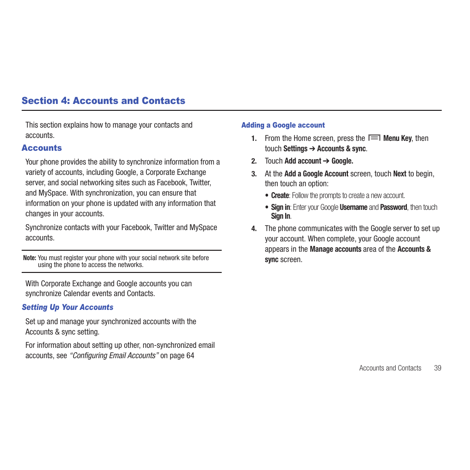 Section 4: accounts and contacts, Accounts, Setting up your accounts | Adding a google account | Samsung SCH-R915ZKACRI User Manual | Page 43 / 165