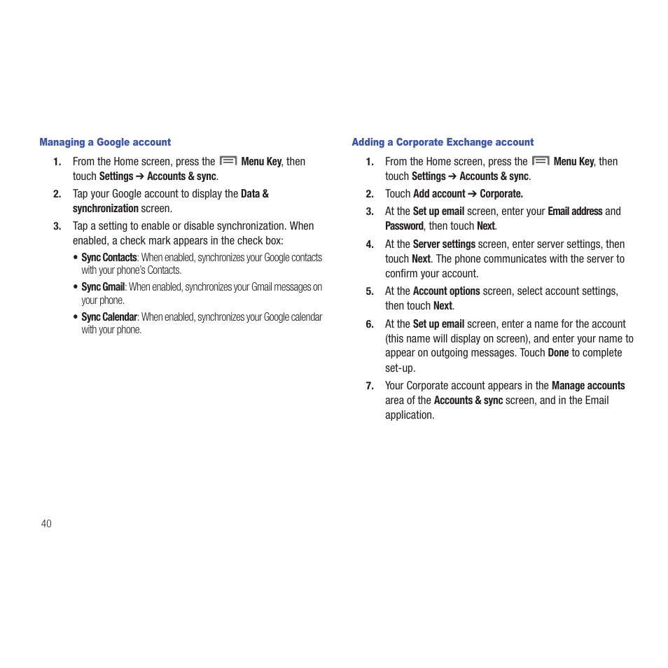 Managing a google account, Adding a corporate exchange account | Samsung SCH-R915ZKACRI User Manual | Page 44 / 165