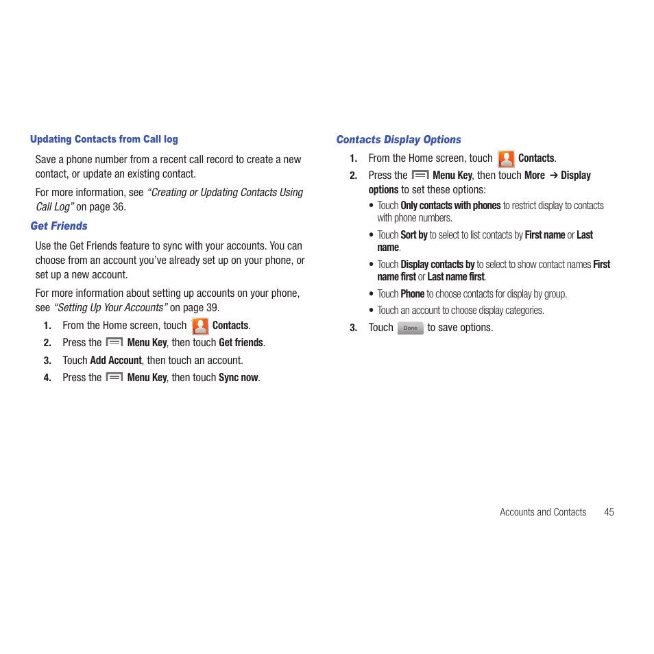 Updating contacts from call log, Get friends, Contacts display options | Samsung SCH-R915ZKACRI User Manual | Page 49 / 165