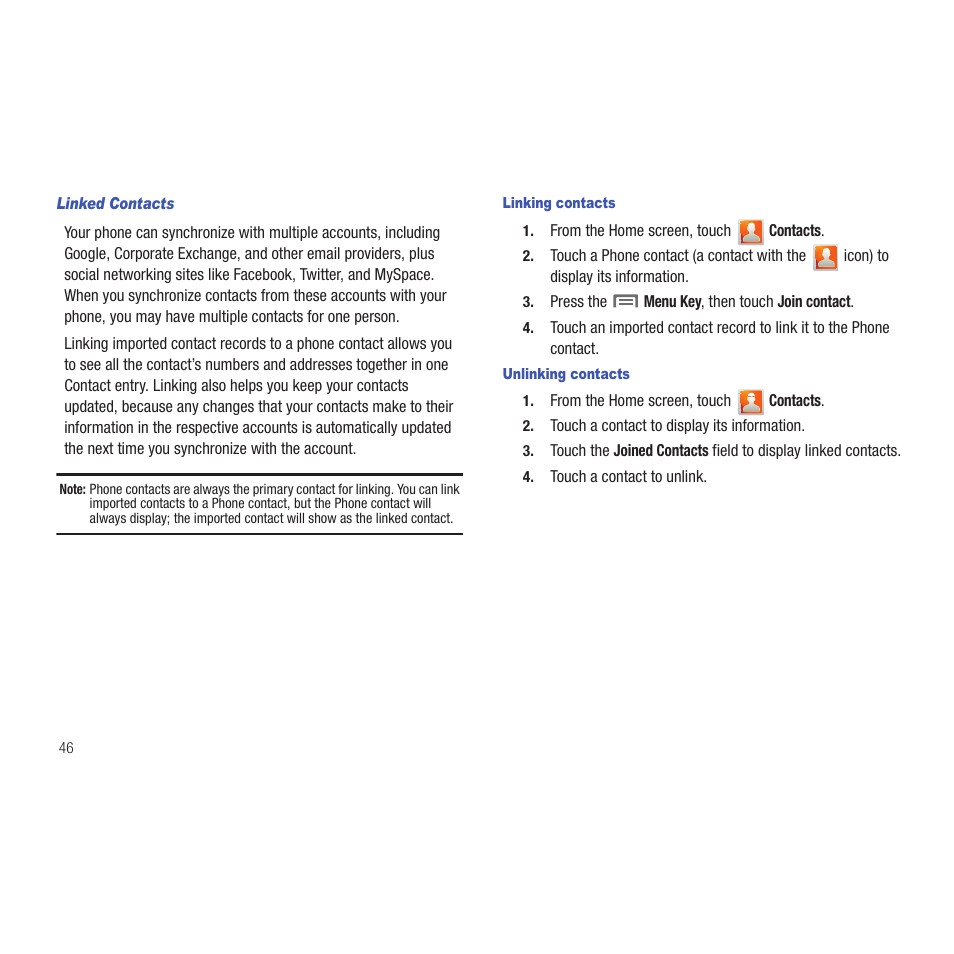 Linked contacts, Linking contacts, Unlinking contacts | Samsung SCH-R915ZKACRI User Manual | Page 50 / 165