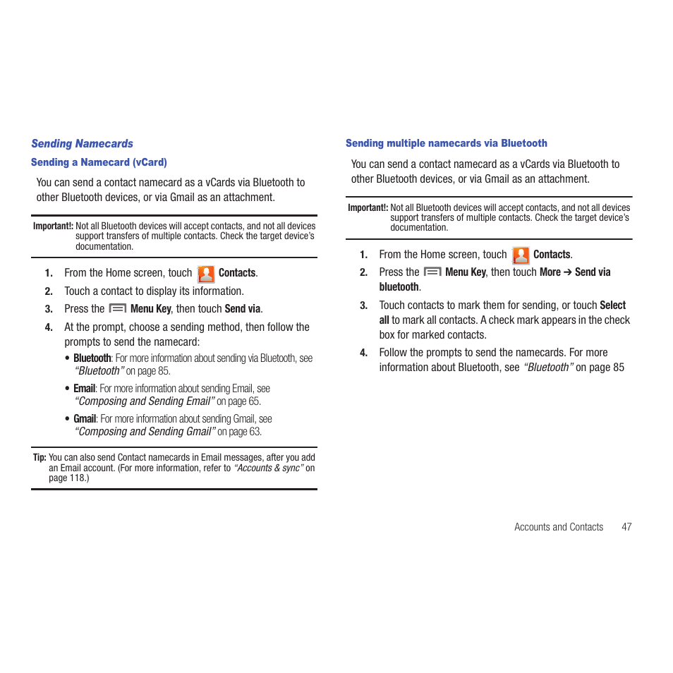 Sending namecards, Sending a namecard (vcard), Sending multiple namecards via bluetooth | Samsung SCH-R915ZKACRI User Manual | Page 51 / 165