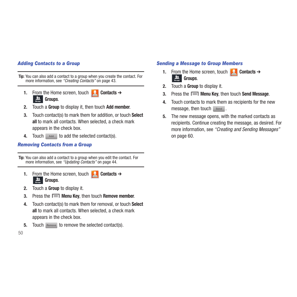 Adding contacts to a group, Removing contacts from a group, Sending a message to group members | Samsung SCH-R915ZKACRI User Manual | Page 54 / 165