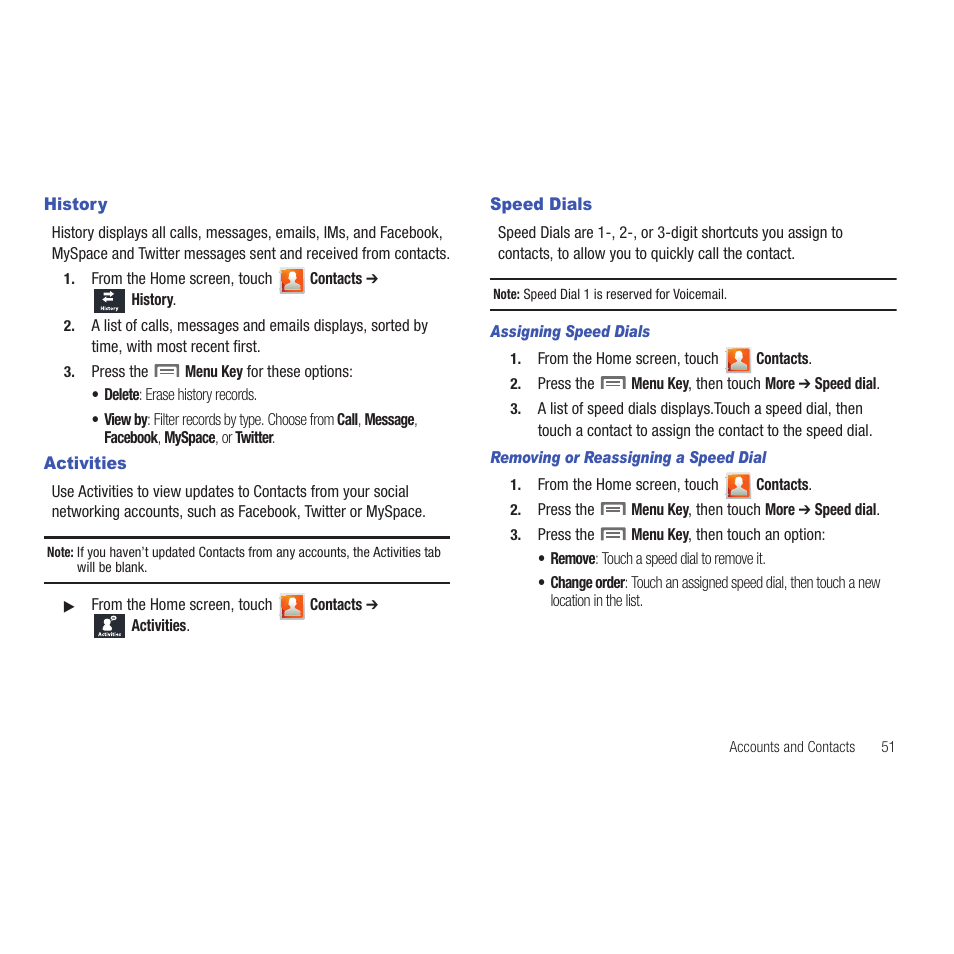 History, Activities, Speed dials | Assigning speed dials, Removing or reassigning a speed dial, History activities speed dials | Samsung SCH-R915ZKACRI User Manual | Page 55 / 165