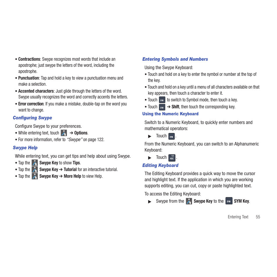 Configuring swype, Swype help, Entering symbols and numbers | Using the numeric keyboard, Editing keyboard | Samsung SCH-R915ZKACRI User Manual | Page 59 / 165
