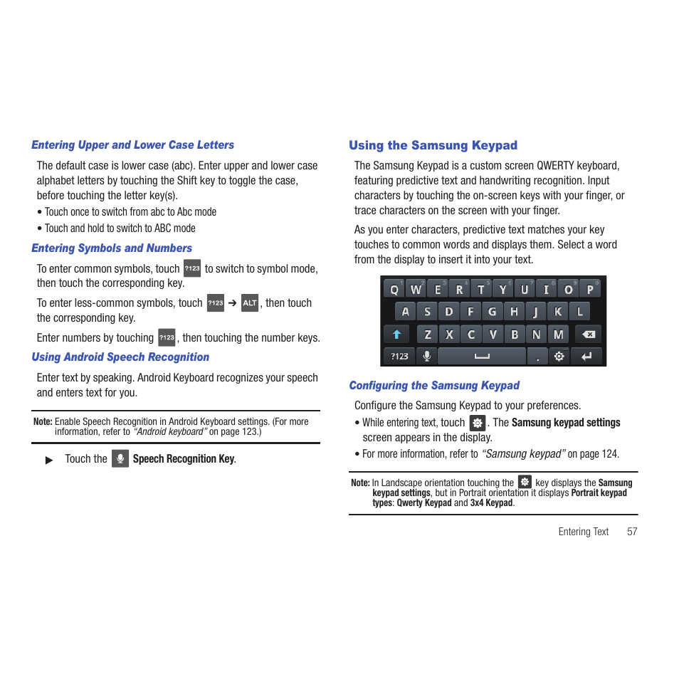Entering upper and lower case letters, Entering symbols and numbers, Using android speech recognition | Using the samsung keypad, Configuring the samsung keypad | Samsung SCH-R915ZKACRI User Manual | Page 61 / 165