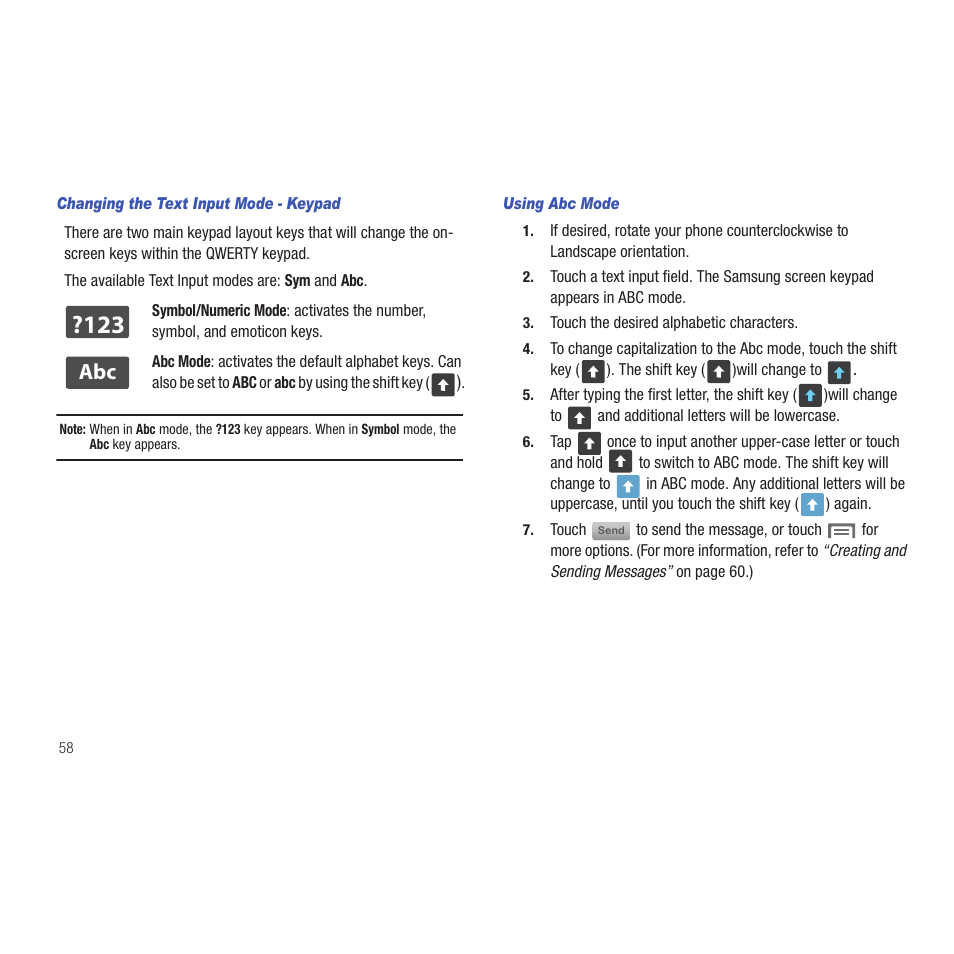 Changing the text input mode - keypad, Using abc mode | Samsung SCH-R915ZKACRI User Manual | Page 62 / 165
