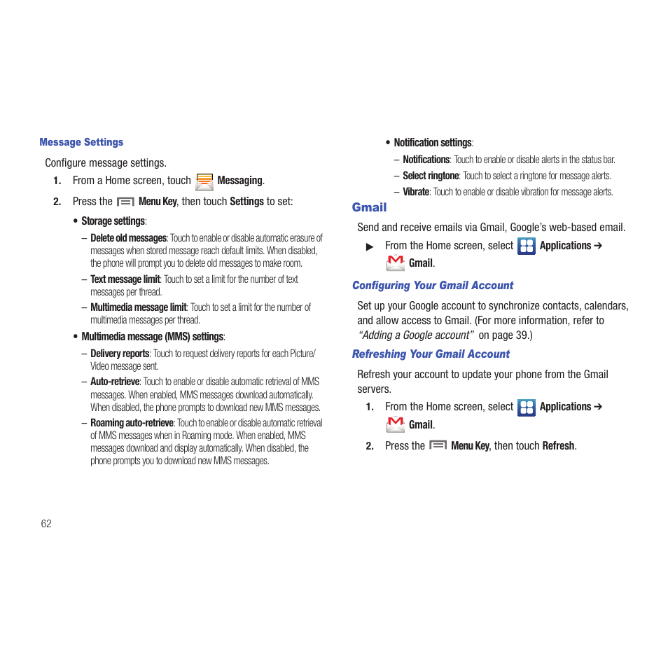 Message settings, Gmail, Configuring your gmail account | Refreshing your gmail account | Samsung SCH-R915ZKACRI User Manual | Page 66 / 165