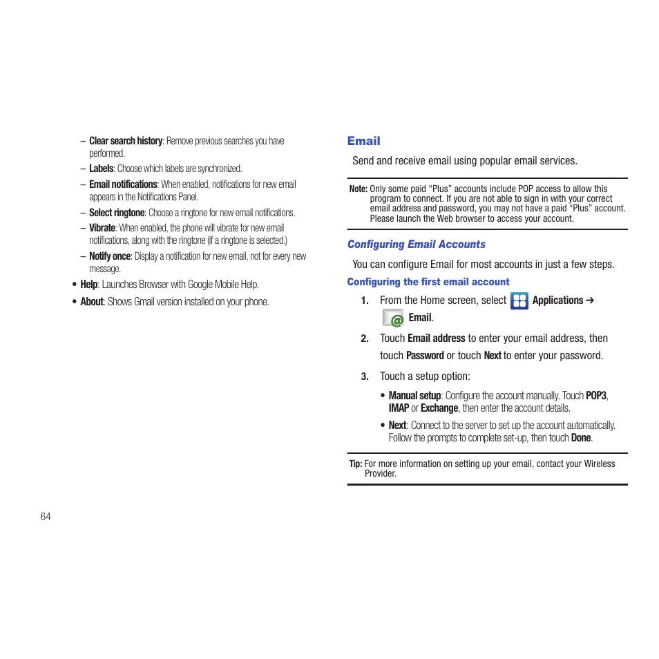 Email, Configuring email accounts, Configuring the first email account | Samsung SCH-R915ZKACRI User Manual | Page 68 / 165
