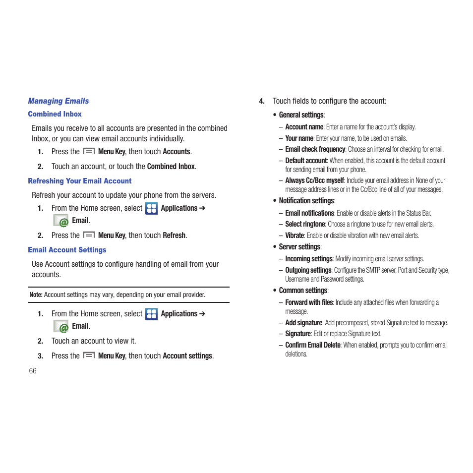 Managing emails, Combined inbox, Refreshing your email account | Email account settings | Samsung SCH-R915ZKACRI User Manual | Page 70 / 165