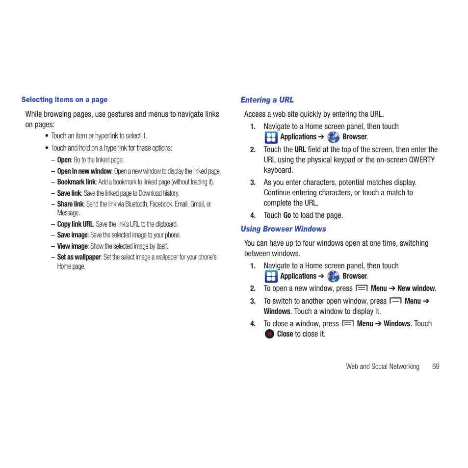 Entering a url, Using browser windows | Samsung SCH-R915ZKACRI User Manual | Page 73 / 165