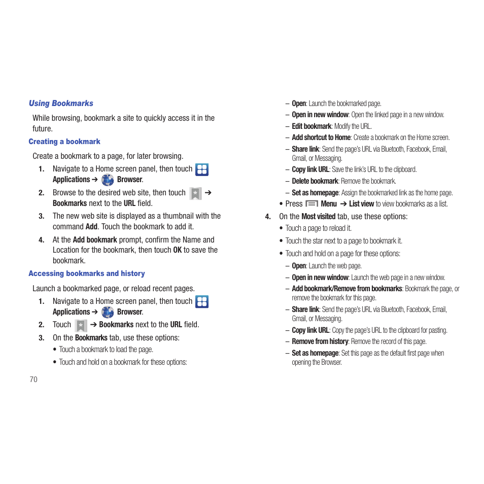 Using bookmarks, Creating a bookmark, Accessing bookmarks and history | Samsung SCH-R915ZKACRI User Manual | Page 74 / 165