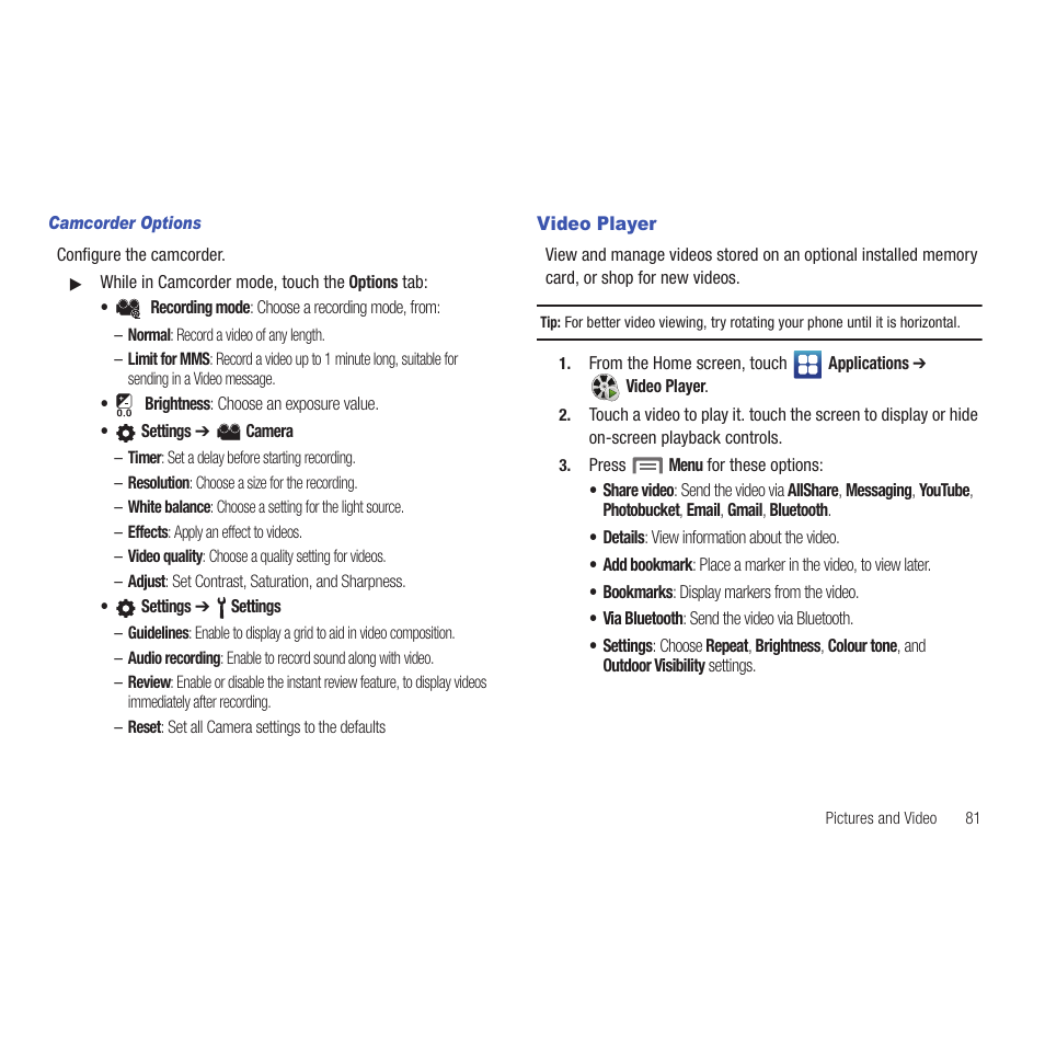 Camcorder options, Video player | Samsung SCH-R915ZKACRI User Manual | Page 85 / 165