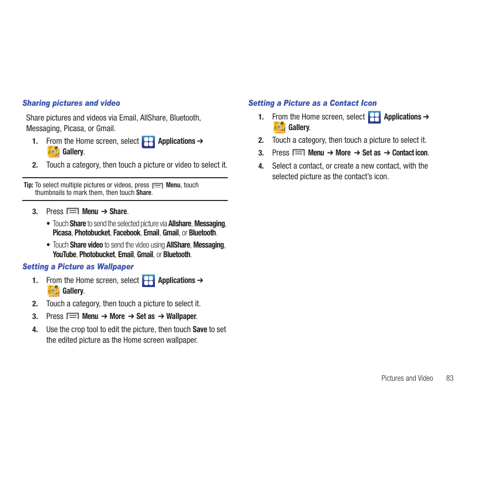 Sharing pictures and video, Setting a picture as wallpaper, Setting a picture as a contact icon | Samsung SCH-R915ZKACRI User Manual | Page 87 / 165