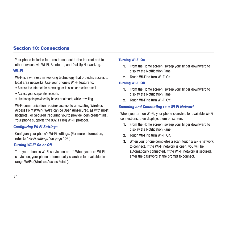 Section 10: connections, Wi-fi, Configuring wi-fi settings | Turning wi-fi on or off, Turning wi-fi on, Turning wi-fi off, Scanning and connecting to a wi-fi network | Samsung SCH-R915ZKACRI User Manual | Page 88 / 165