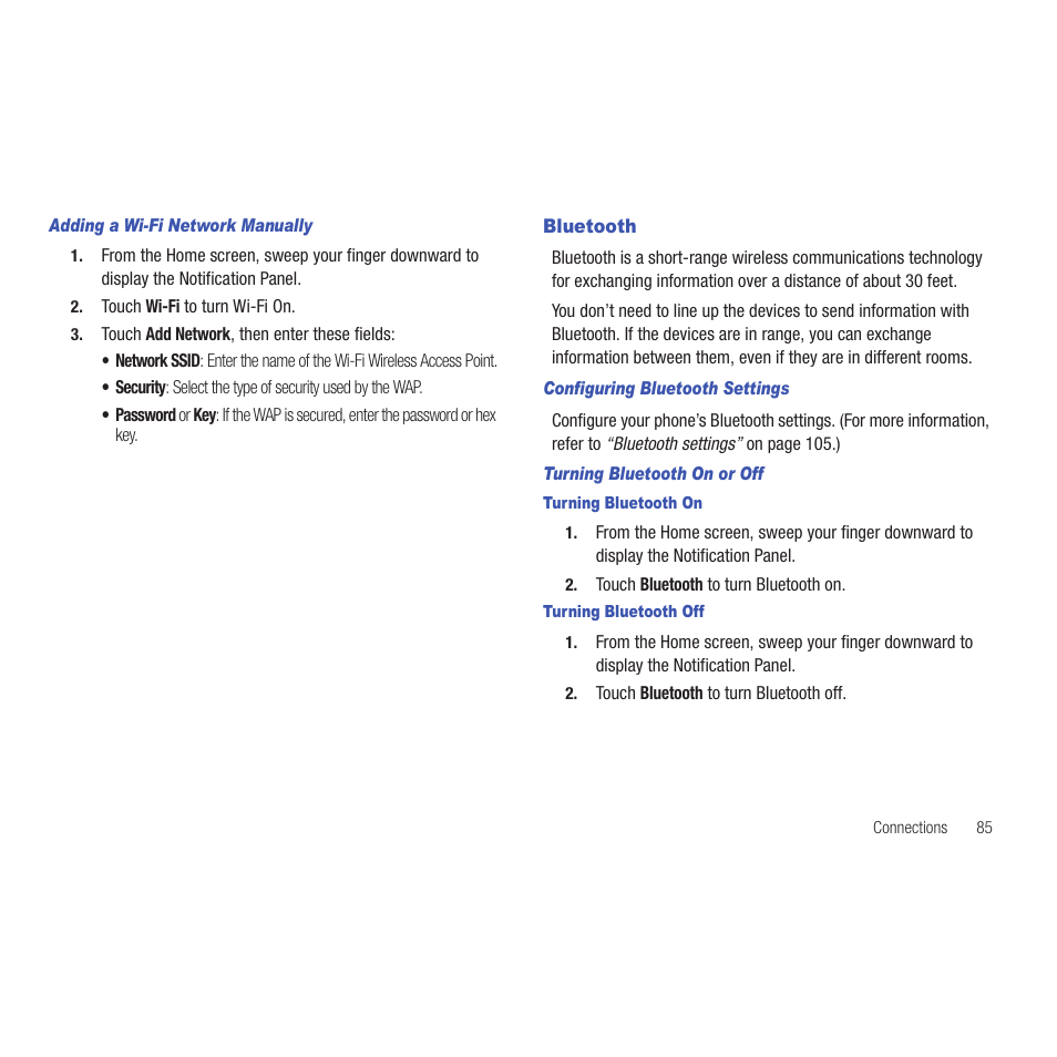 Adding a wi-fi network manually, Bluetooth, Configuring bluetooth settings | Turning bluetooth on or off, Turning bluetooth on, Turning bluetooth off | Samsung SCH-R915ZKACRI User Manual | Page 89 / 165