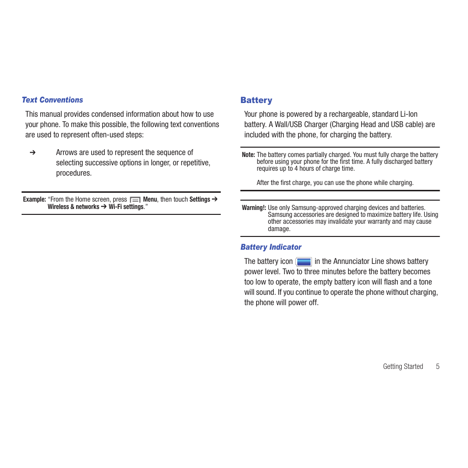 Text conventions, Battery, Battery indicator | Samsung SCH-R915ZKACRI User Manual | Page 9 / 165