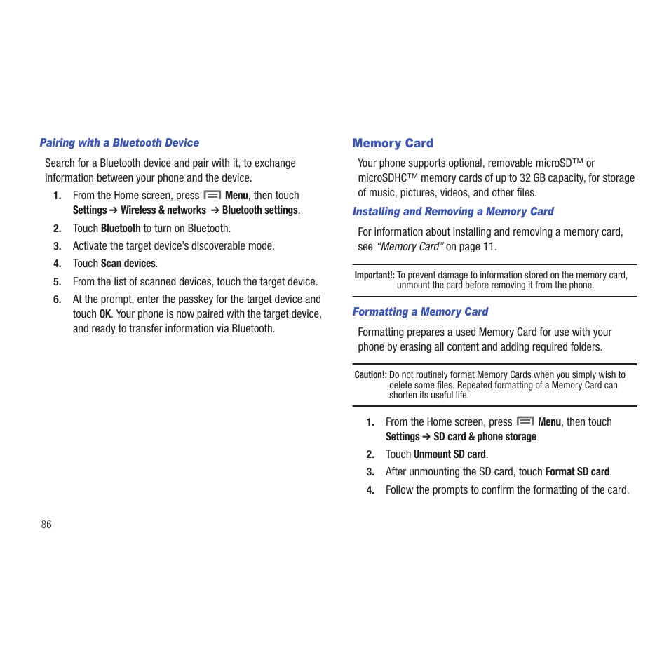Pairing with a bluetooth device, Memory card, Installing and removing a memory card | Formatting a memory card | Samsung SCH-R915ZKACRI User Manual | Page 90 / 165