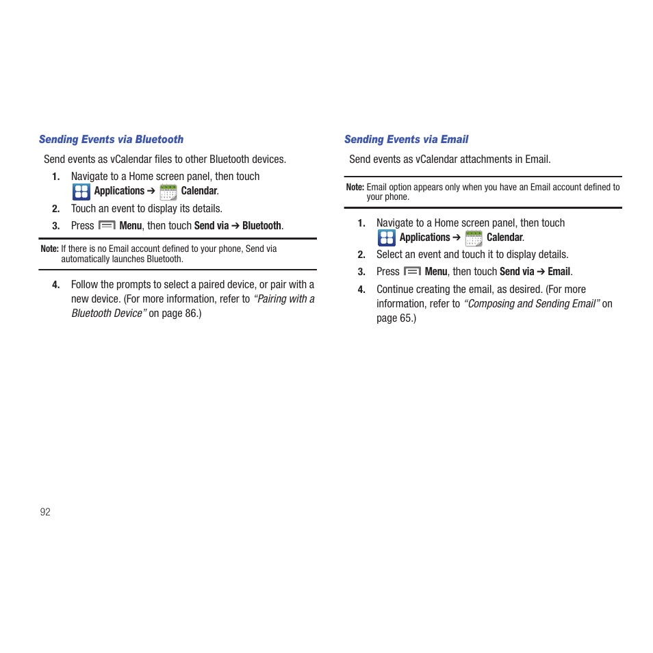 Sending events via bluetooth, Sending events via email | Samsung SCH-R915ZKACRI User Manual | Page 96 / 165