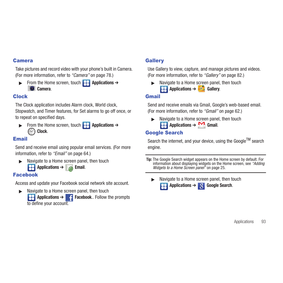 Camera, Clock, Email | Facebook, Gallery, Gmail, Google search | Samsung SCH-R915ZKACRI User Manual | Page 97 / 165