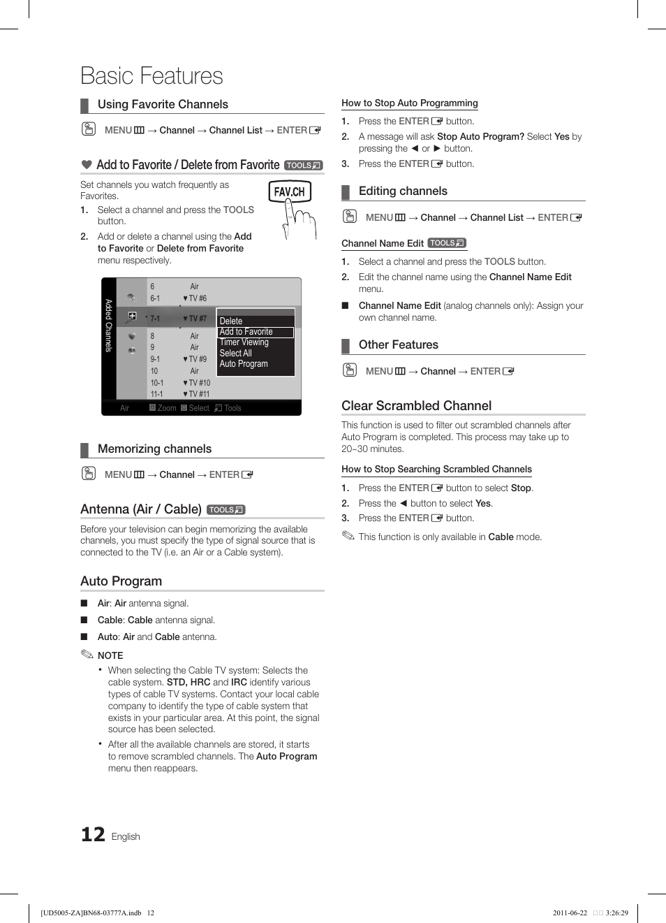 Basic features, Add to favorite / delete from favorite, Antenna (air / cable) | Auto program, Clear scrambled channel | Samsung UN32D4005BDXZA User Manual | Page 12 / 36