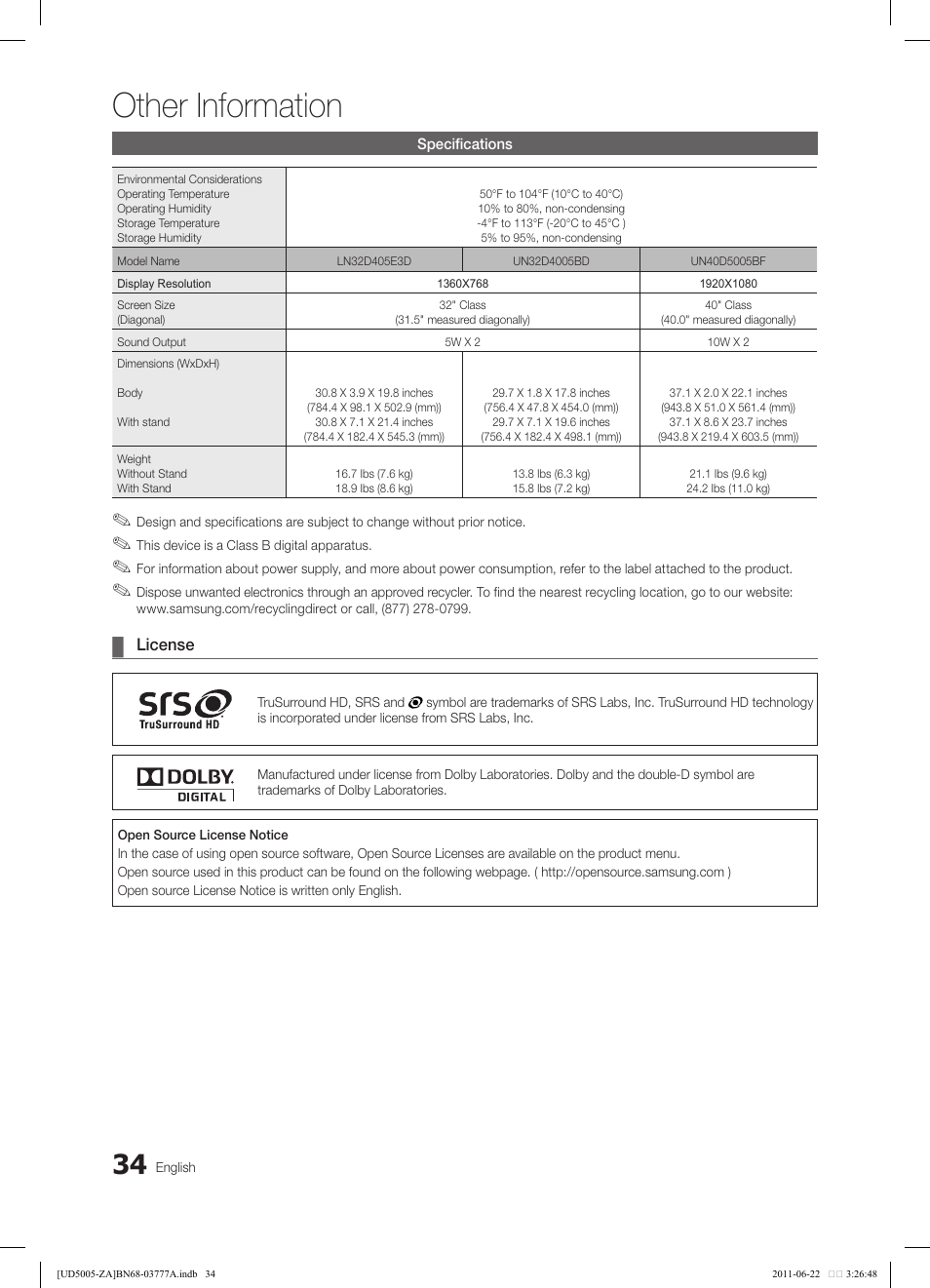 Other information | Samsung UN32D4005BDXZA User Manual | Page 34 / 36