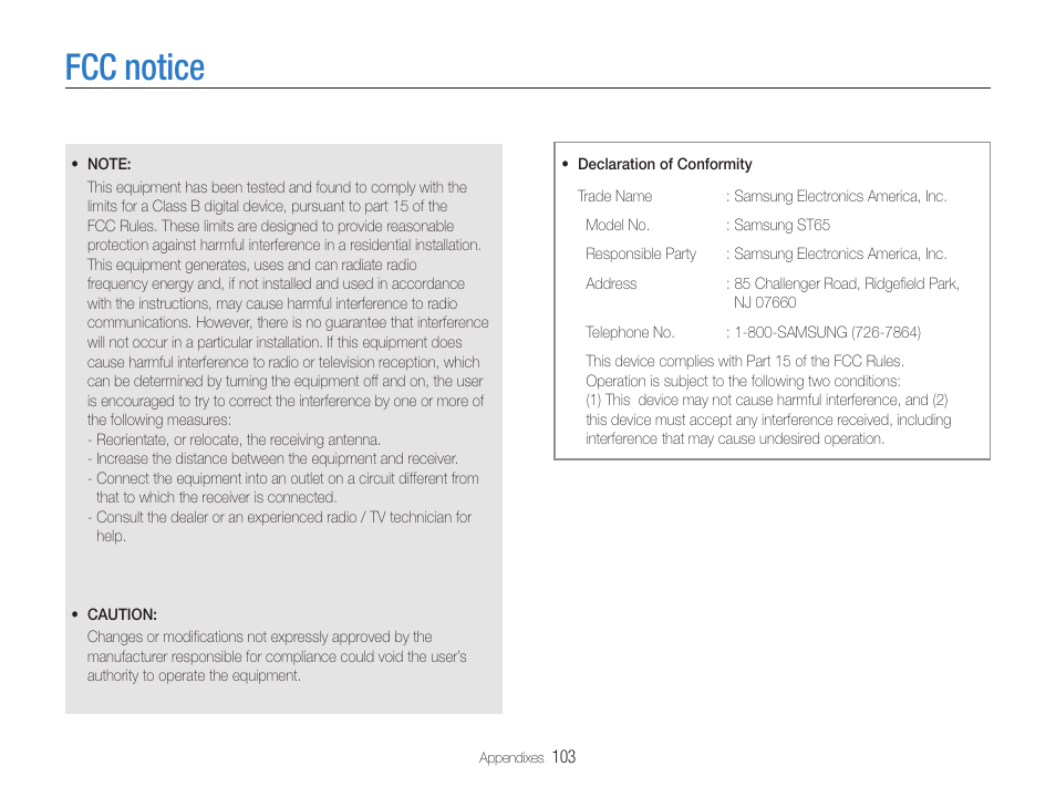 Fcc notice | Samsung EC-ST65ZZBPUUS User Manual | Page 104 / 108