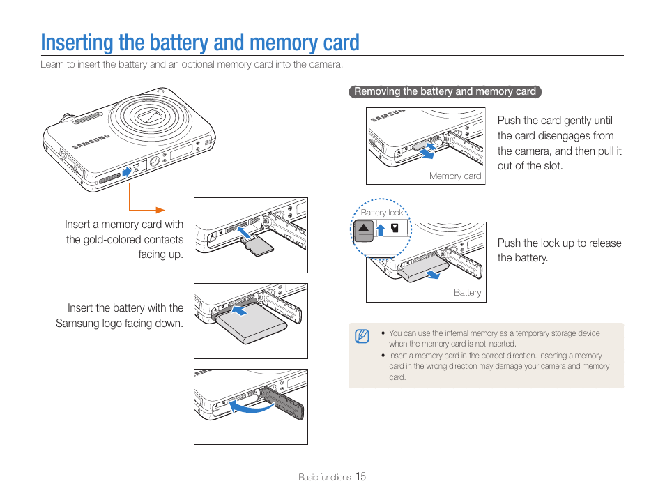 Inserting the battery and memory card | Samsung EC-ST65ZZBPUUS User Manual | Page 16 / 108