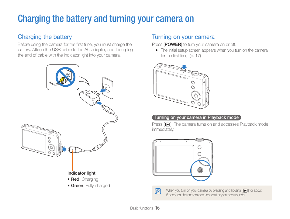 Charging the battery and turning your camera on, Charging the battery, Turning on your camera | Samsung EC-ST65ZZBPUUS User Manual | Page 17 / 108
