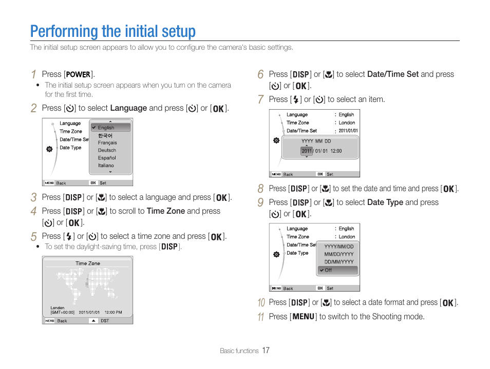 Performing the initial setup | Samsung EC-ST65ZZBPUUS User Manual | Page 18 / 108