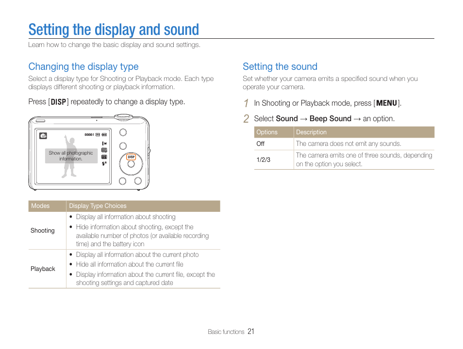 Setting the display and sound, Changing the display type, Setting the sound | Samsung EC-ST65ZZBPUUS User Manual | Page 22 / 108