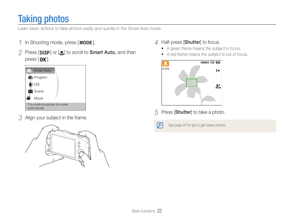 Taking photos | Samsung EC-ST65ZZBPUUS User Manual | Page 23 / 108