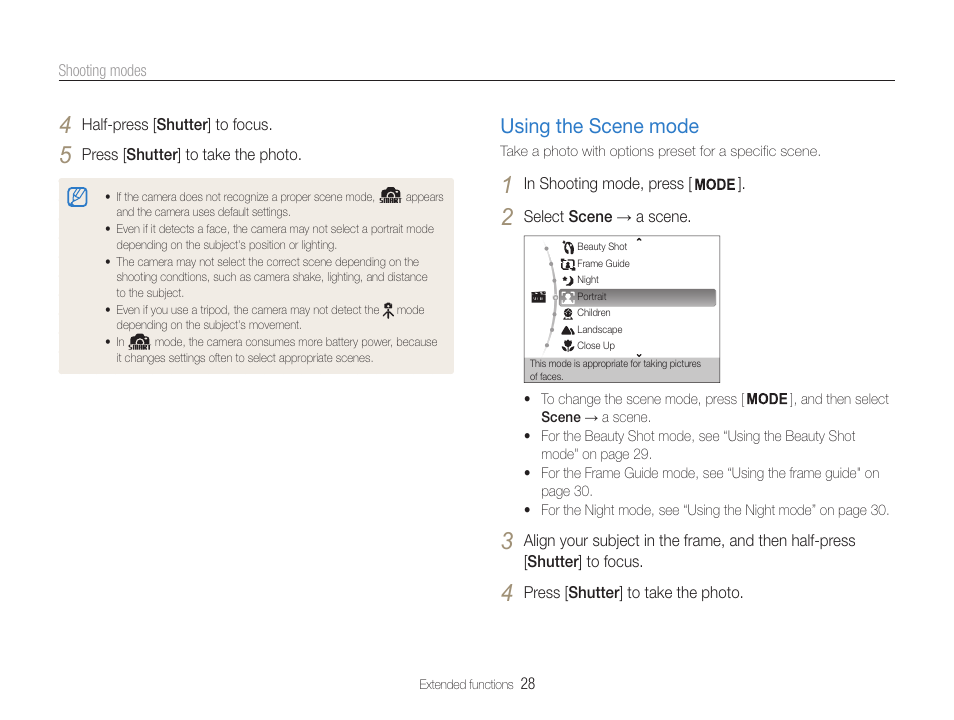 Using the scene mode, Using the scene mode ……………………………… 28 | Samsung EC-ST65ZZBPUUS User Manual | Page 29 / 108