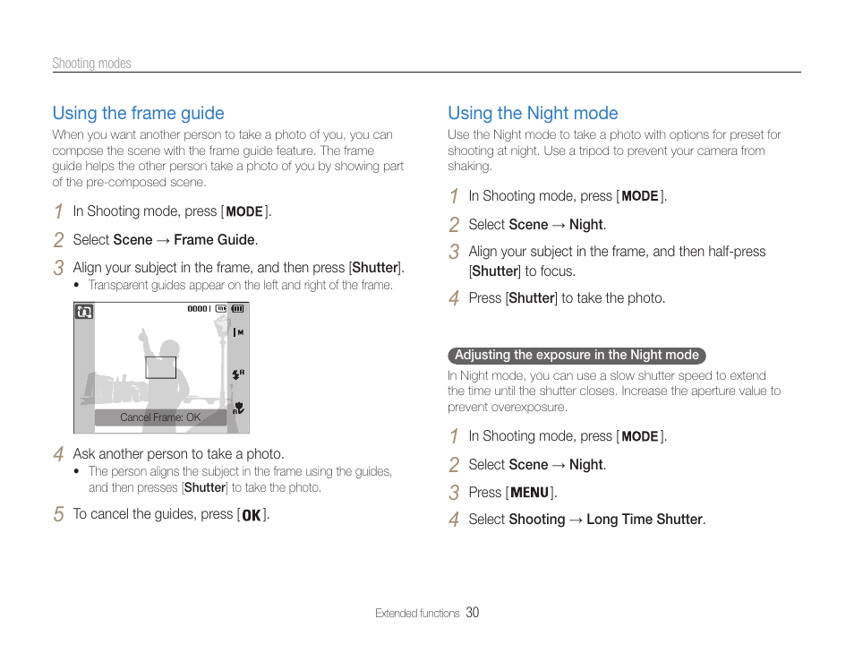 Using the frame guide, Using the night mode | Samsung EC-ST65ZZBPUUS User Manual | Page 31 / 108