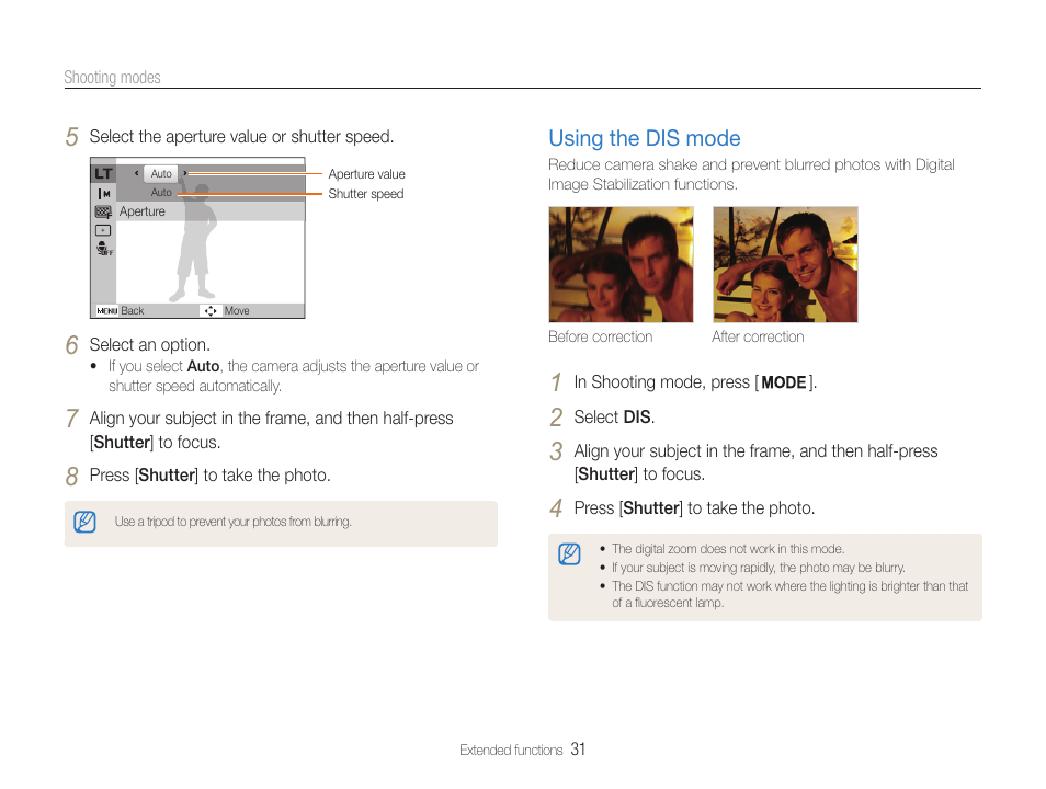 Using the dis mode, Using the dis mode ………………………………… 31 | Samsung EC-ST65ZZBPUUS User Manual | Page 32 / 108